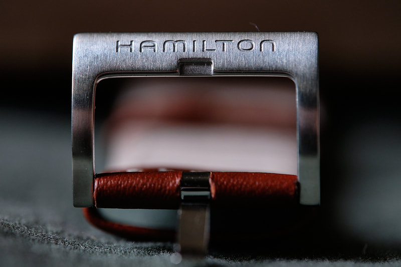 Macro photo of Hamilton Khaki Field Auto 42mm supplied leather strap